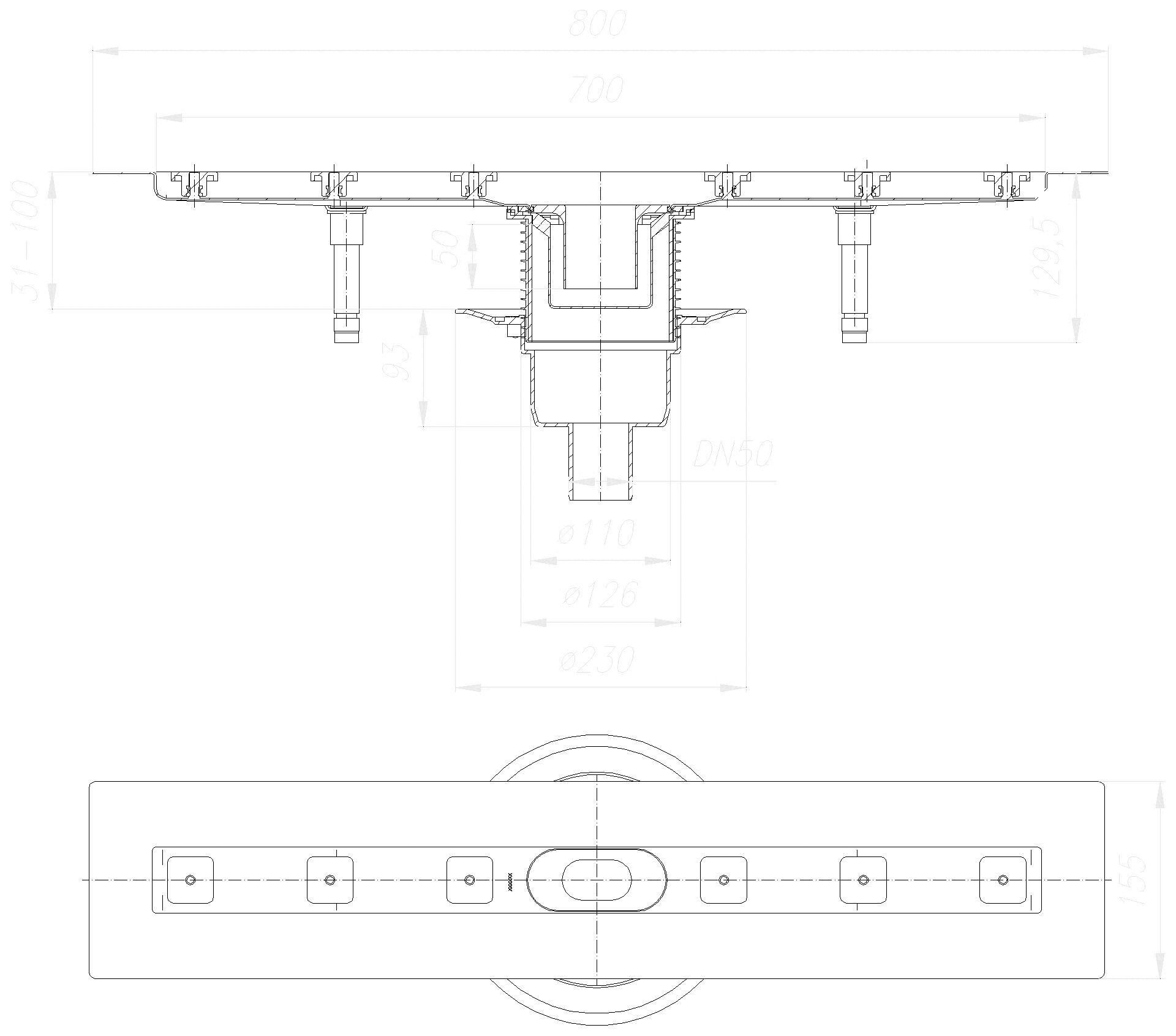 DALLMER Duschrinne CeraLine senkr. F 700 mm, DN 50