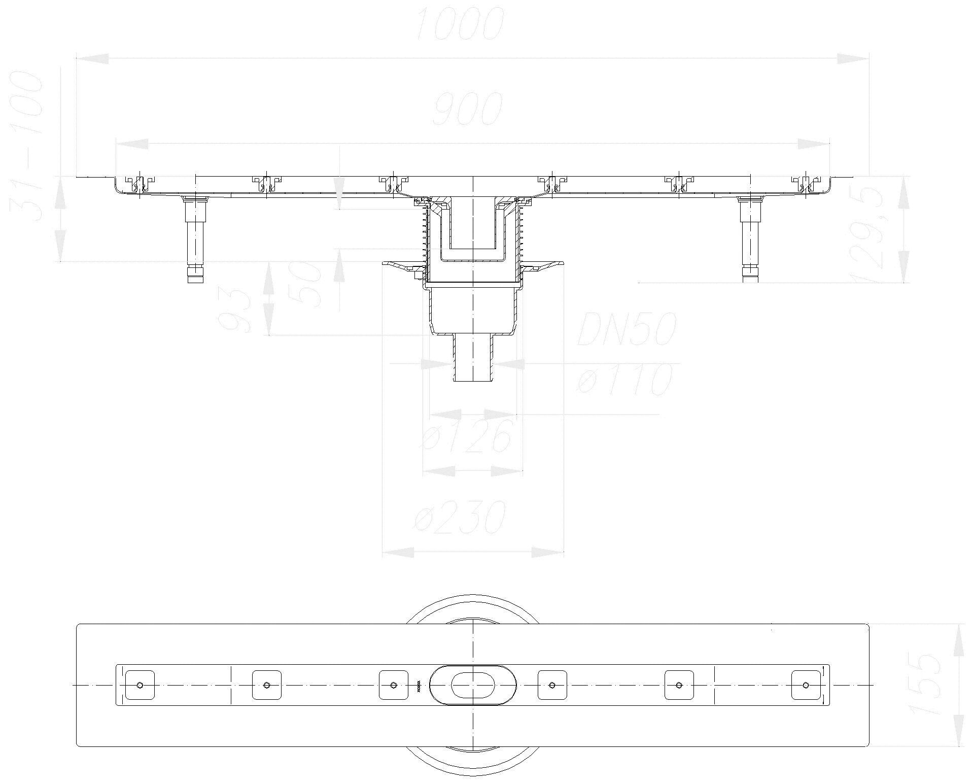 DALLMER Duschrinne CeraLine senkr. F 900 mm, DN 50
