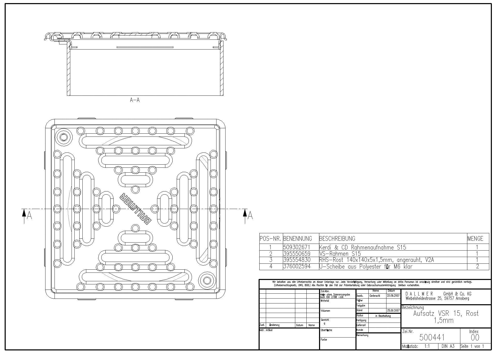 DALLMER Aufsatz VSR 15, Rost 1,5 mm, rutschh., verschr., 150 x 150 mm