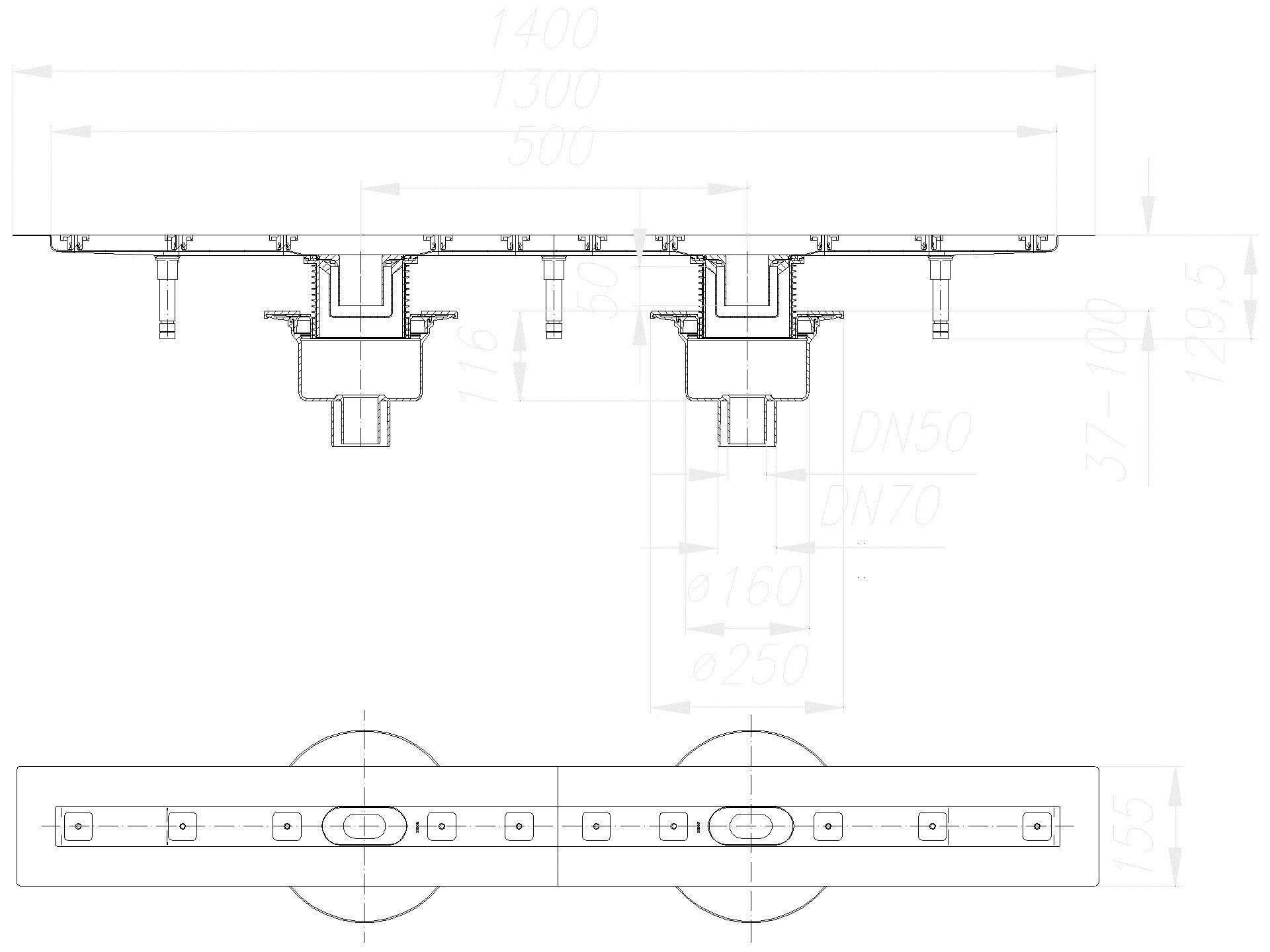 DALLMER Duschrinne CeraLine senkr. F Duo 1300 mm, DN 50/DN 70