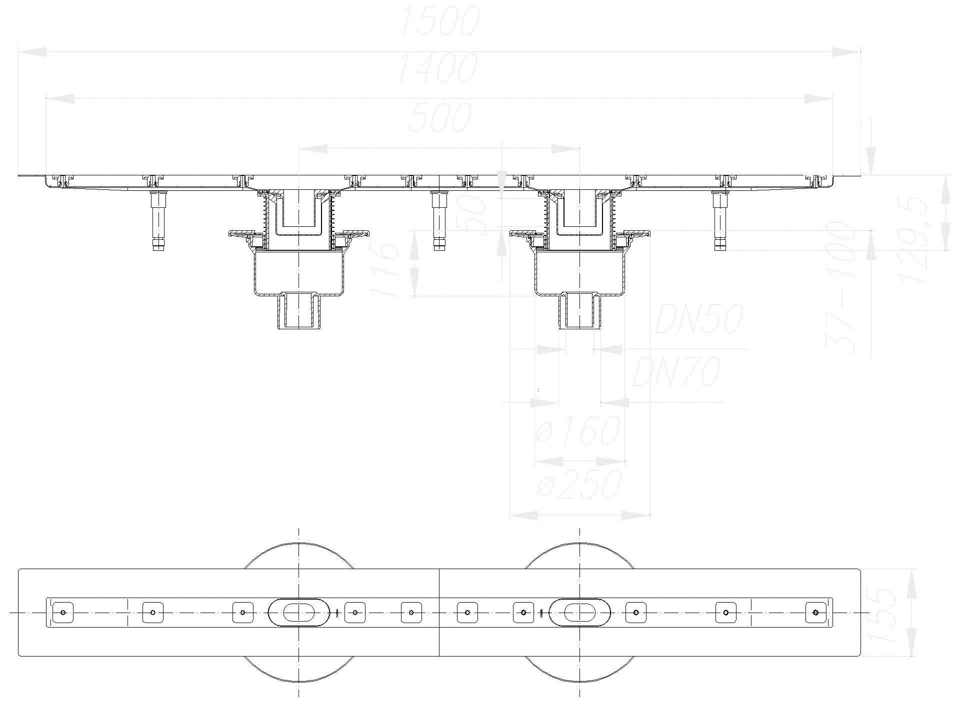 DALLMER Duschrinne CeraLine senkr. F Duo 1400 mm, DN 50/DN 70