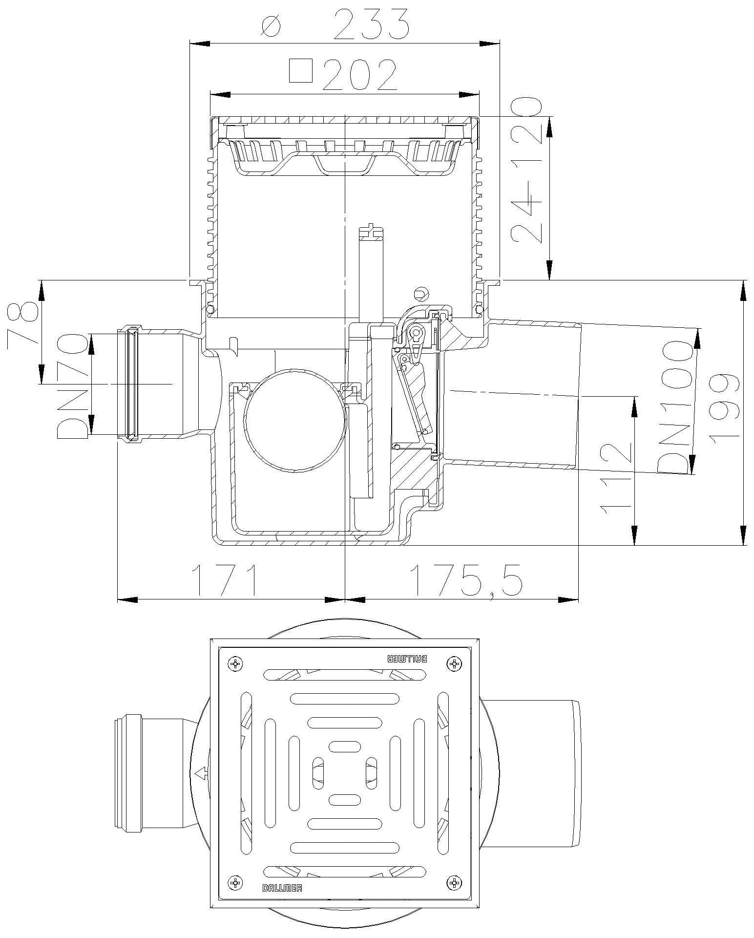 DALLMER Rückstau-Kellerablauf DallSafe 200/1 SES, DN 100, 200 x 200 mm