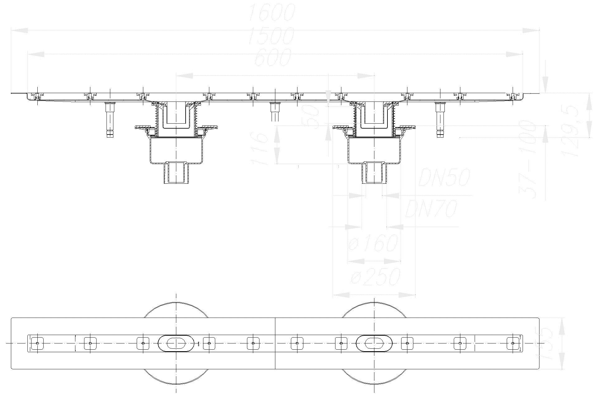 DALLMER Duschrinne CeraLine senkr. F Duo 1500 mm, DN 50/DN 70