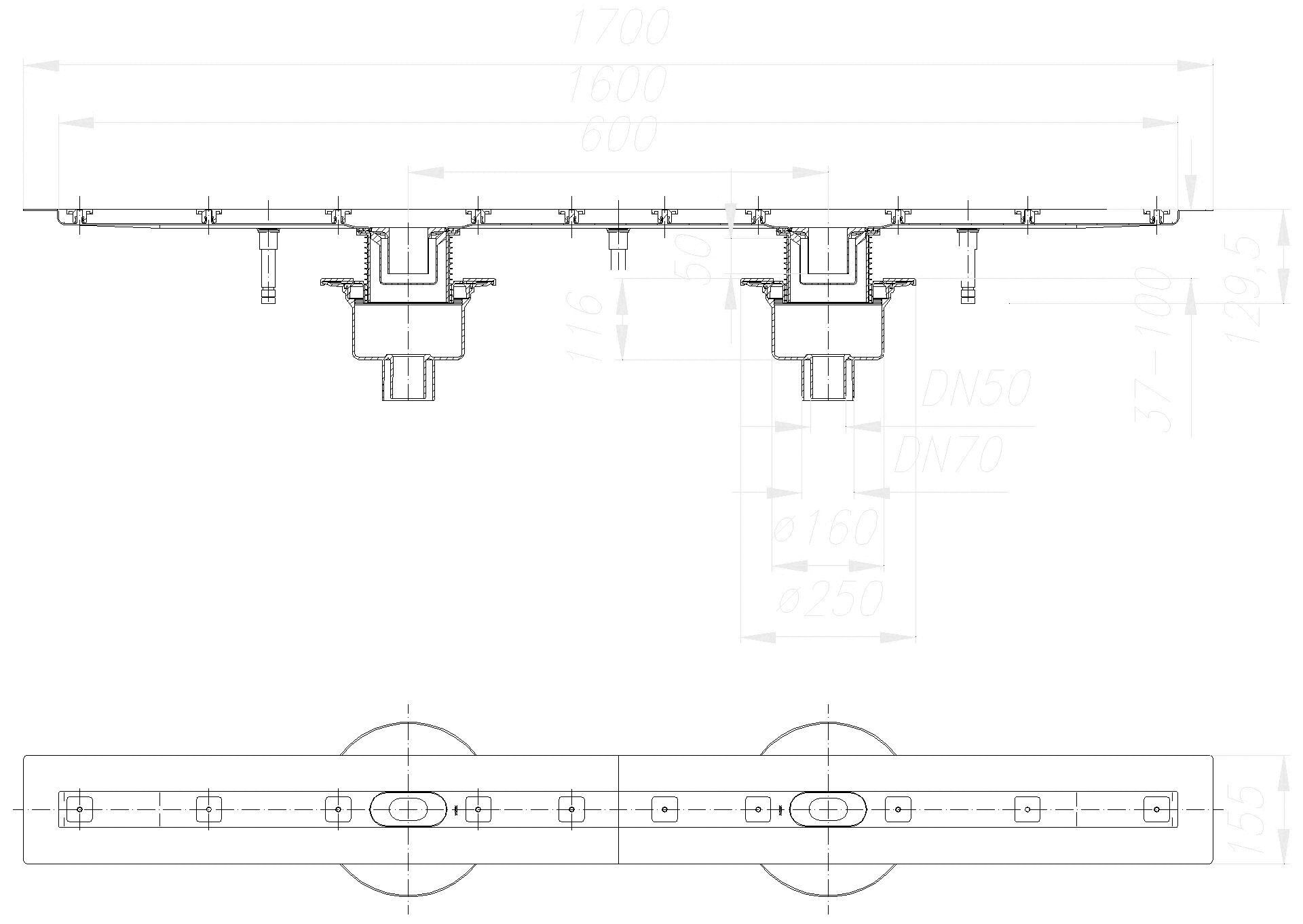 DALLMER Duschrinne CeraLine senkr. F Duo 1600 mm, DN 50/DN 70