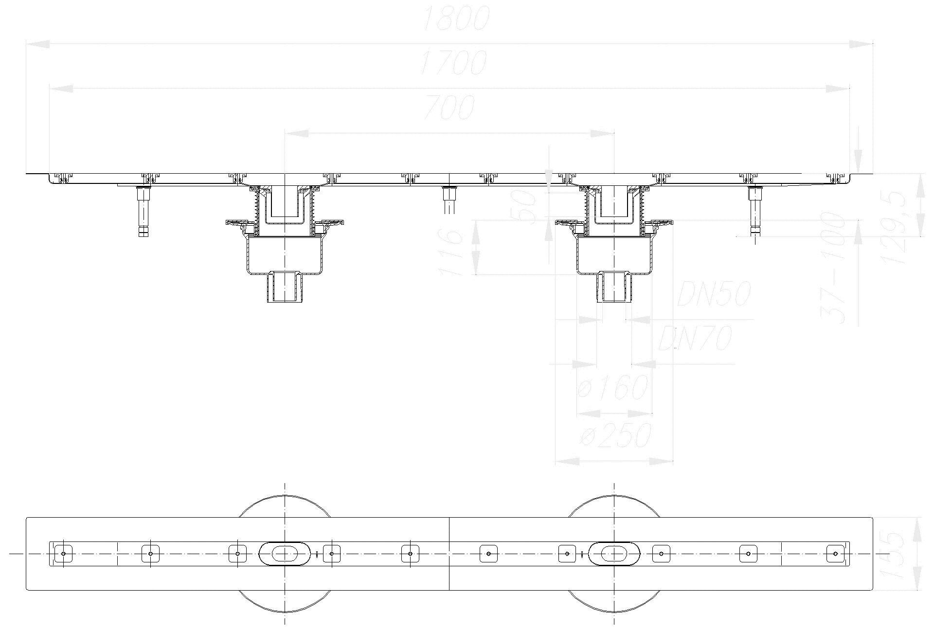 DALLMER Duschrinne CeraLine senkr. F Duo 1700 mm, DN 50/DN 70