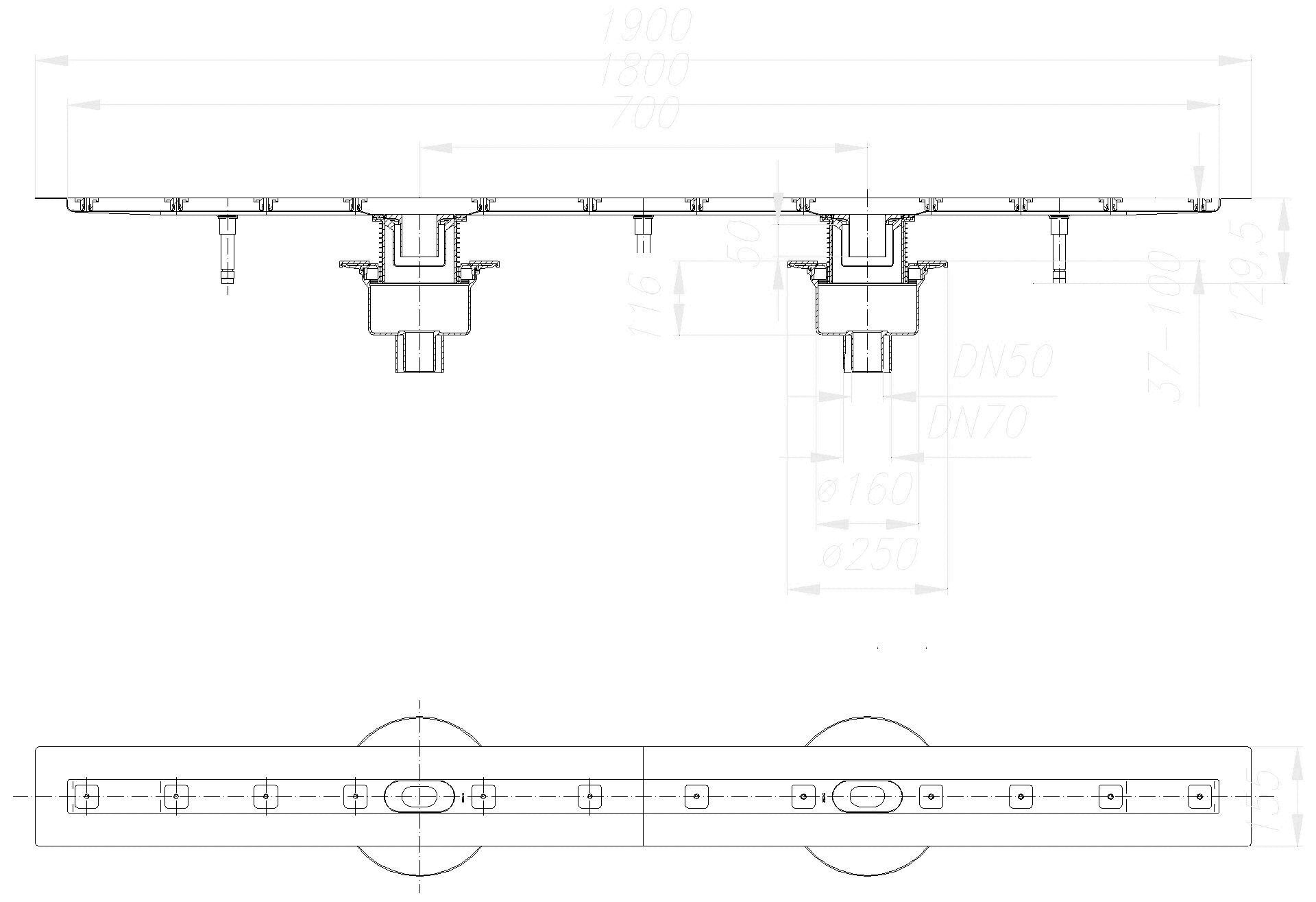 DALLMER Duschrinne CeraLine senkr. F Duo 1800 mm, DN 50/DN 70