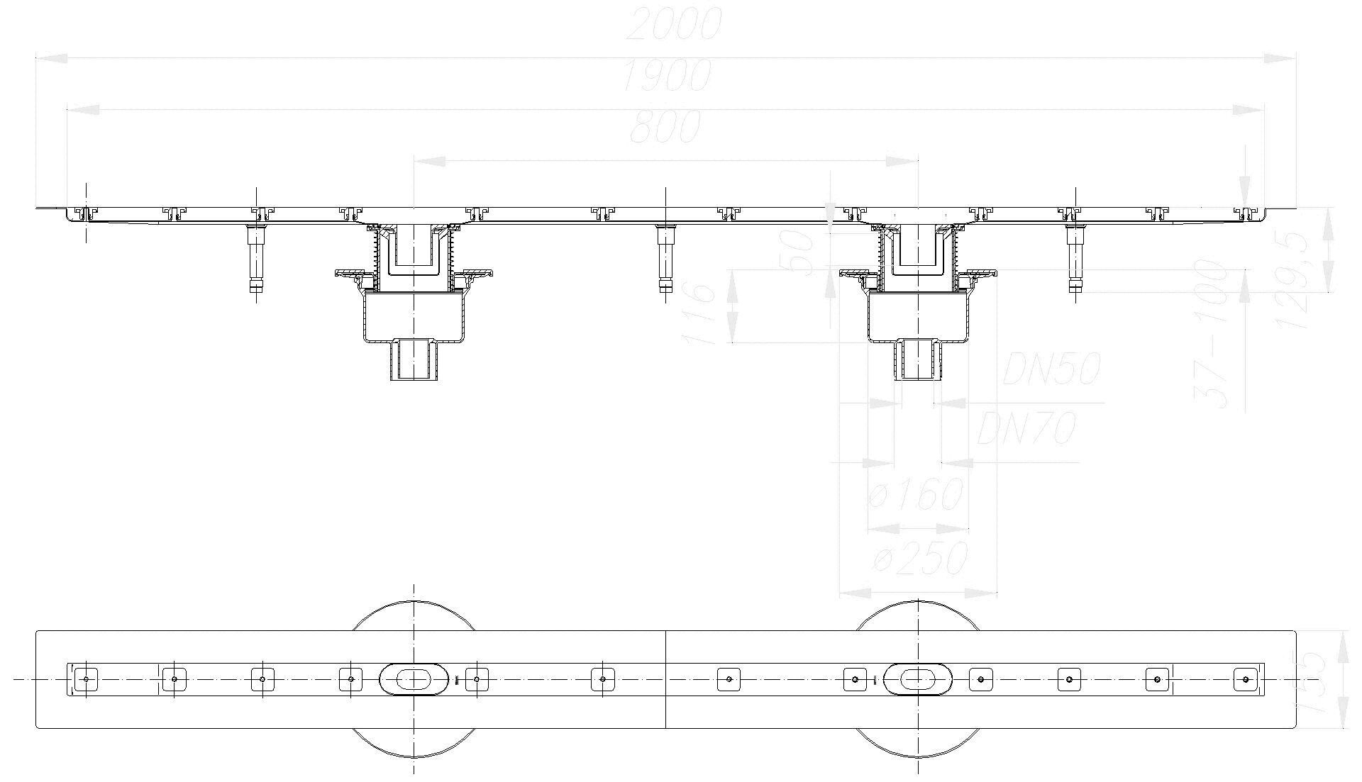 DALLMER Duschrinne CeraLine senkr. F Duo 1900 mm, DN 50/DN 70