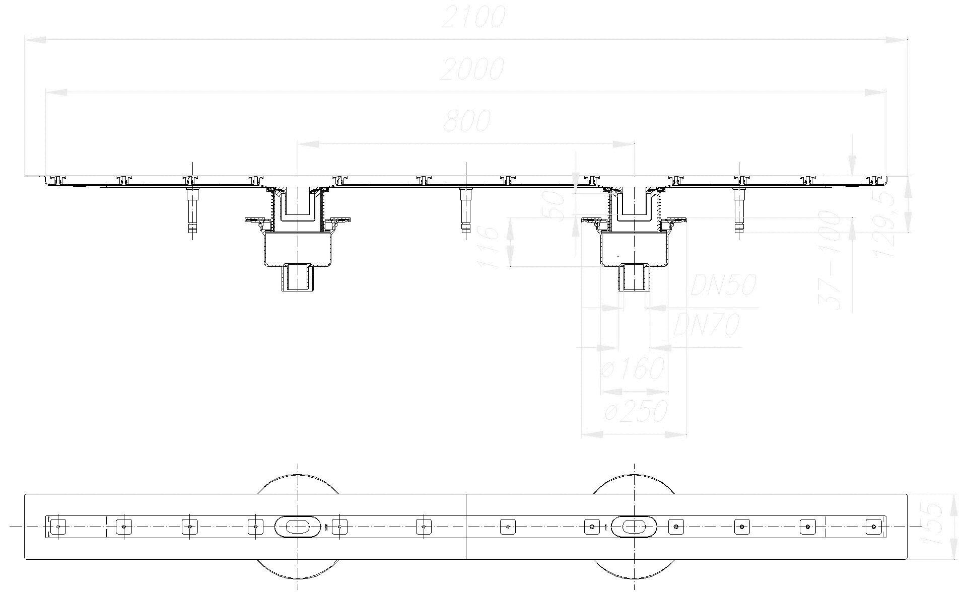 DALLMER Duschrinne CeraLine senkr. F Duo 2000 mm, DN 50/DN 70