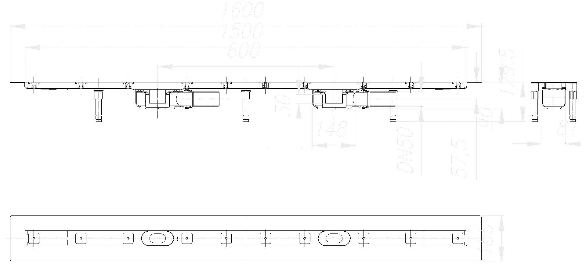 DALLMER Duschrinne CeraLine Plan F Duo 1500 mm, DN 50