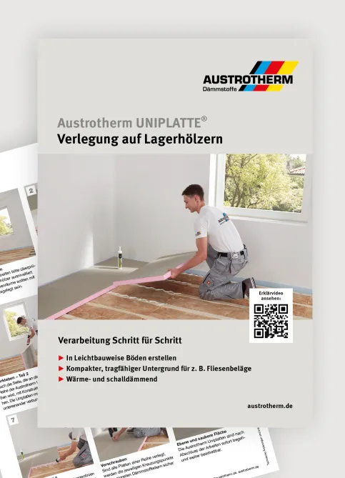 Zweiseitige Folder zeigen übersichtlich die Verlegung der Austrotherm-Uniplatte am Boden, an der Wand, in Wohnräumen aber auch als vorgefertigtes Shower-Board. © Austrotherm Zweiseitige Folder zeigen übersichtlich die Verlegung der Austrotherm-Uniplatte am Boden, an der Wand, in Wohnräumen aber auch als vorgefertigtes Shower-Board. © Austrotherm