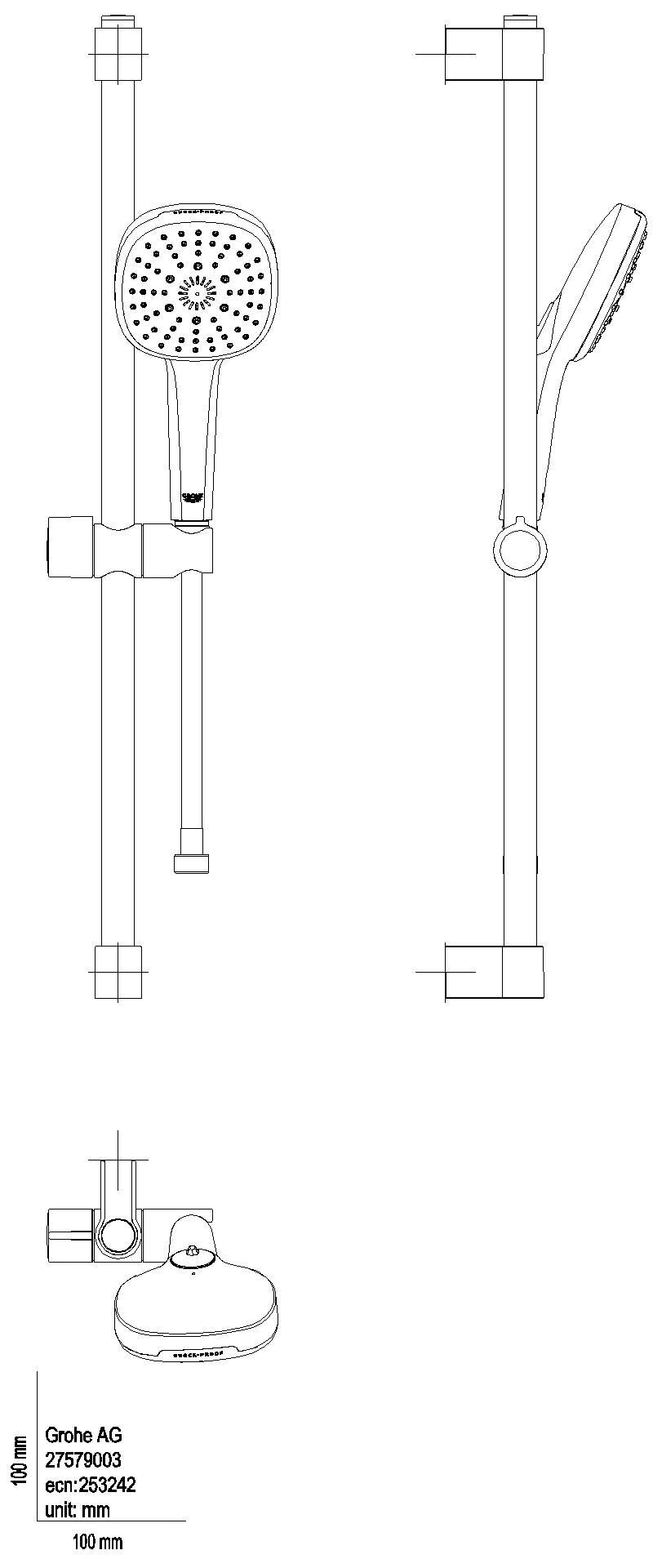 GROHE Brausestangenset Tempesta Cube 110 27786_3 600mm 3 Strahl 13,5l/min chrom
