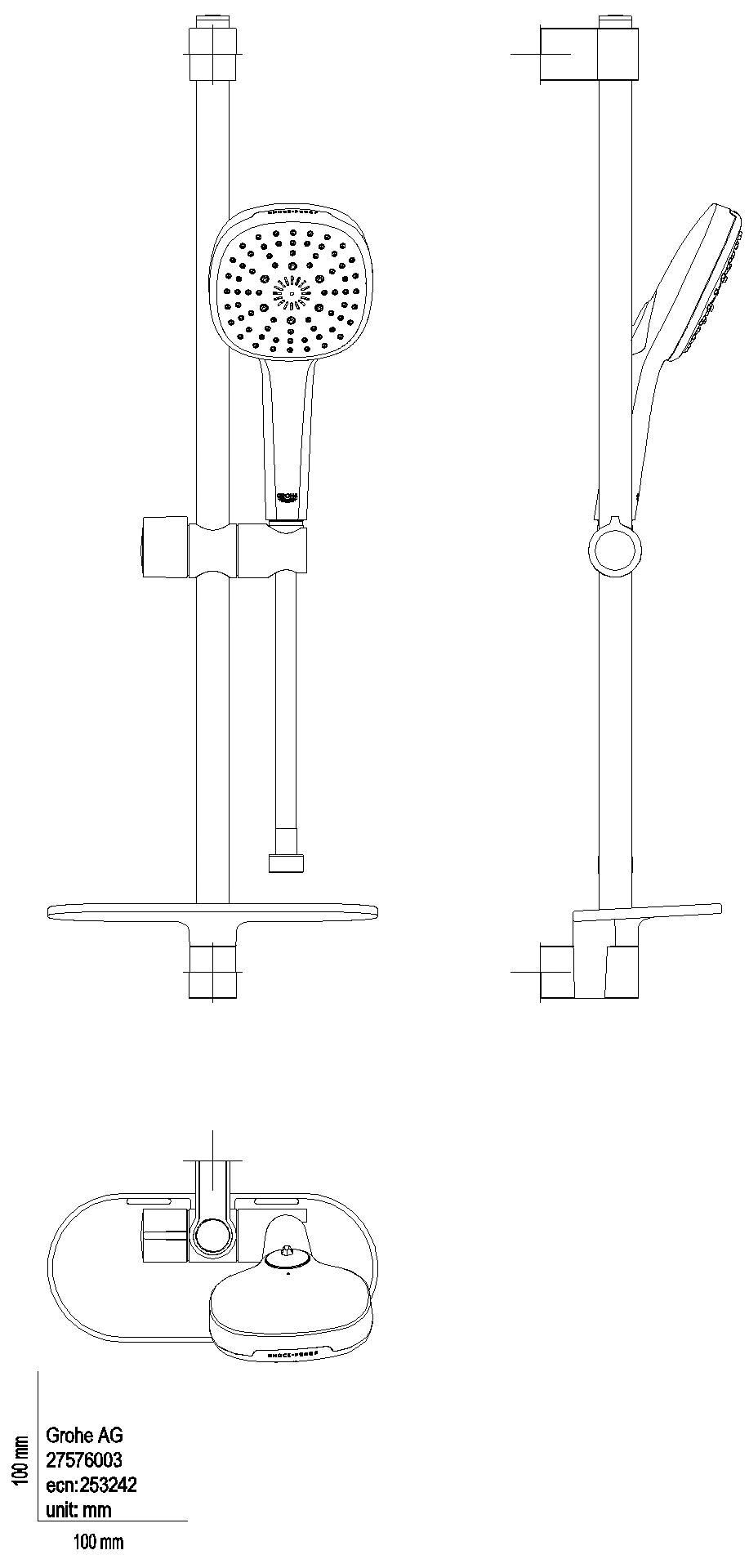 GROHE Brausestangenset Tempesta Cube 110 27576_3 600mm 3 Strahl 7,4l Ablage chrom