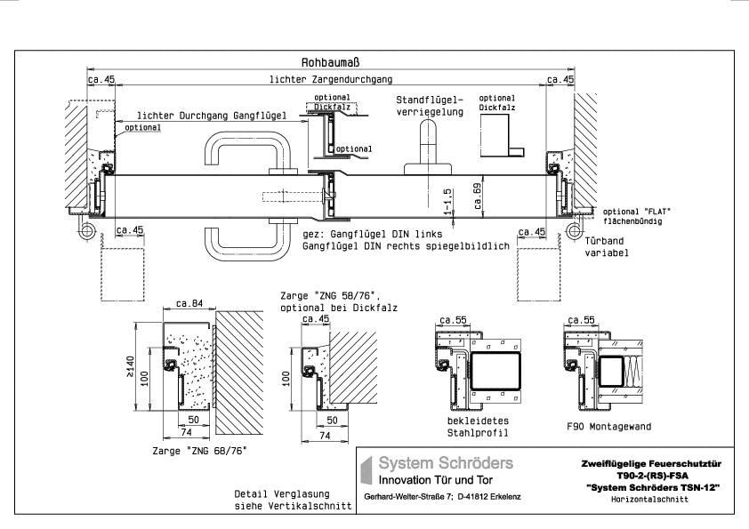 Feuerschutzstahltür -tor T 90-2 zweiflügelig System Schröders TSN-12