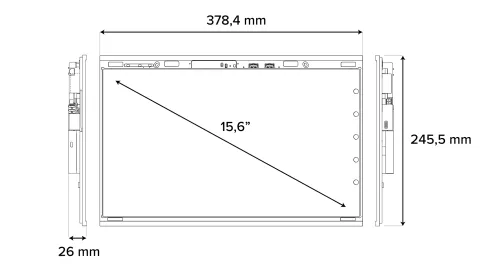 Technische Zeichnung eines 15,6-Zoll-Displays mit präzisen Abmessungen und Anschlussdetails