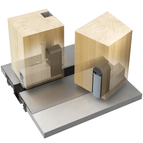 Detailansicht eines innovativen Verbindungselements aus Holz und Metall für modulare Baukonstruktionen