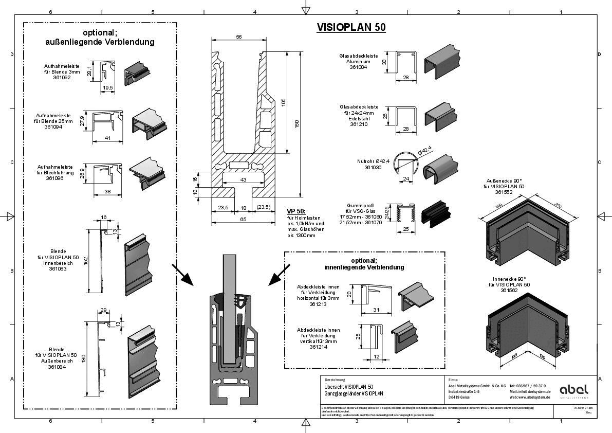 VISIOPLAN 50, Ganzglasgeländer - Boden- u. Seitenmontage