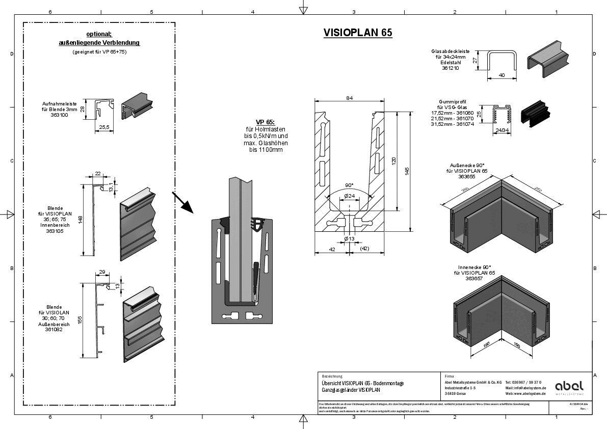 VISIOPLAN 65, Ganzglasgeländer - Bodenmontage