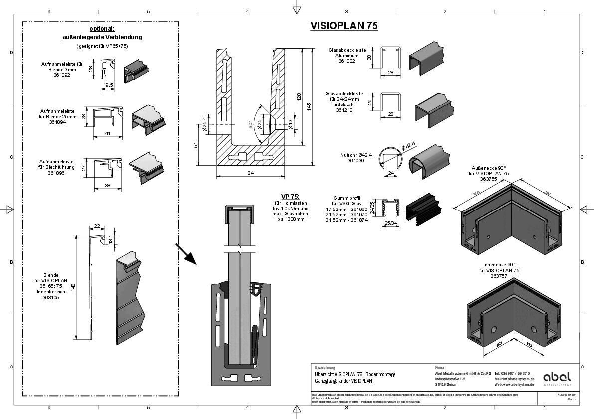 VISIOPLAN 75, Ganzglasgeländer - Seitenmontage