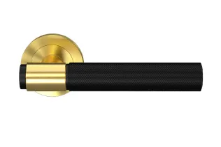 Türgriff aus schwarzem Metall mit goldfarbener Rosette und ergonomischem Design.