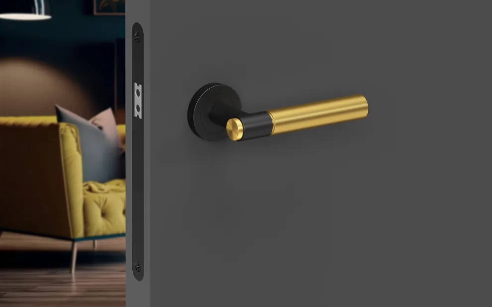 Studio Serie | Anwendungsbeispiel Türgriff aus gebürstetem Metall mit schwarzem und goldfarbenem Finish an einer modernen Innentür